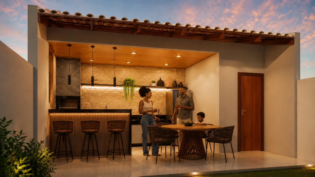 Edícula gourmet moderna com cozinha, churrasqueira e área de convivência