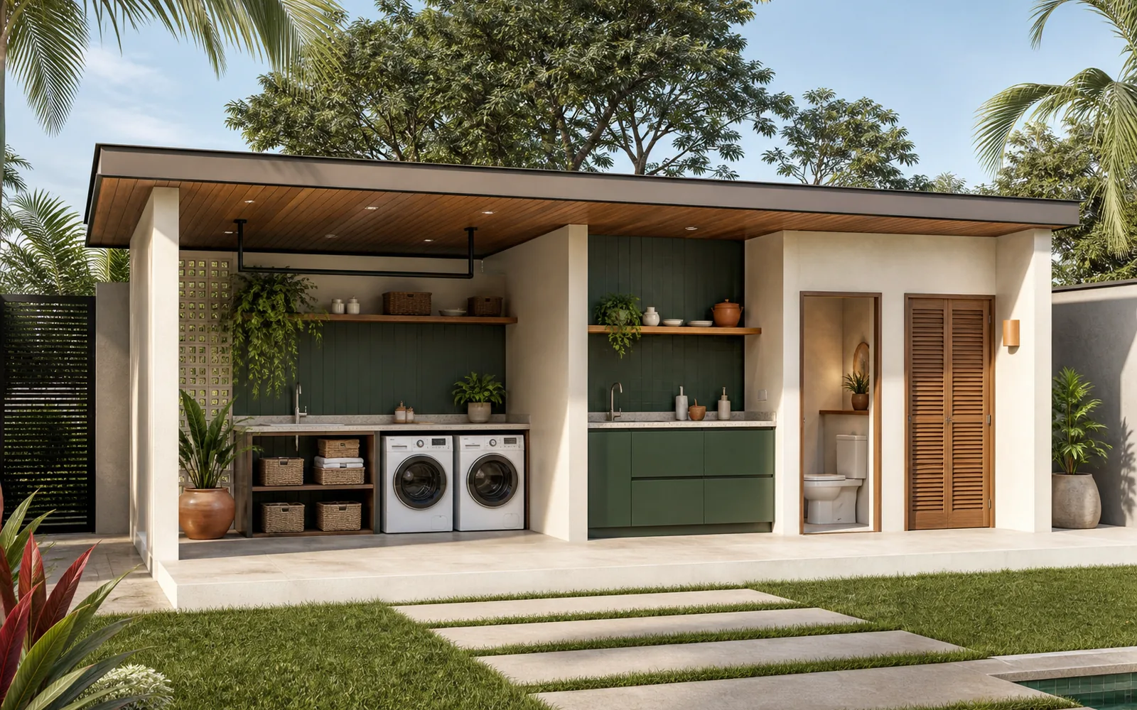 Edícula moderna com lavanderia, armários verdes e banheiro