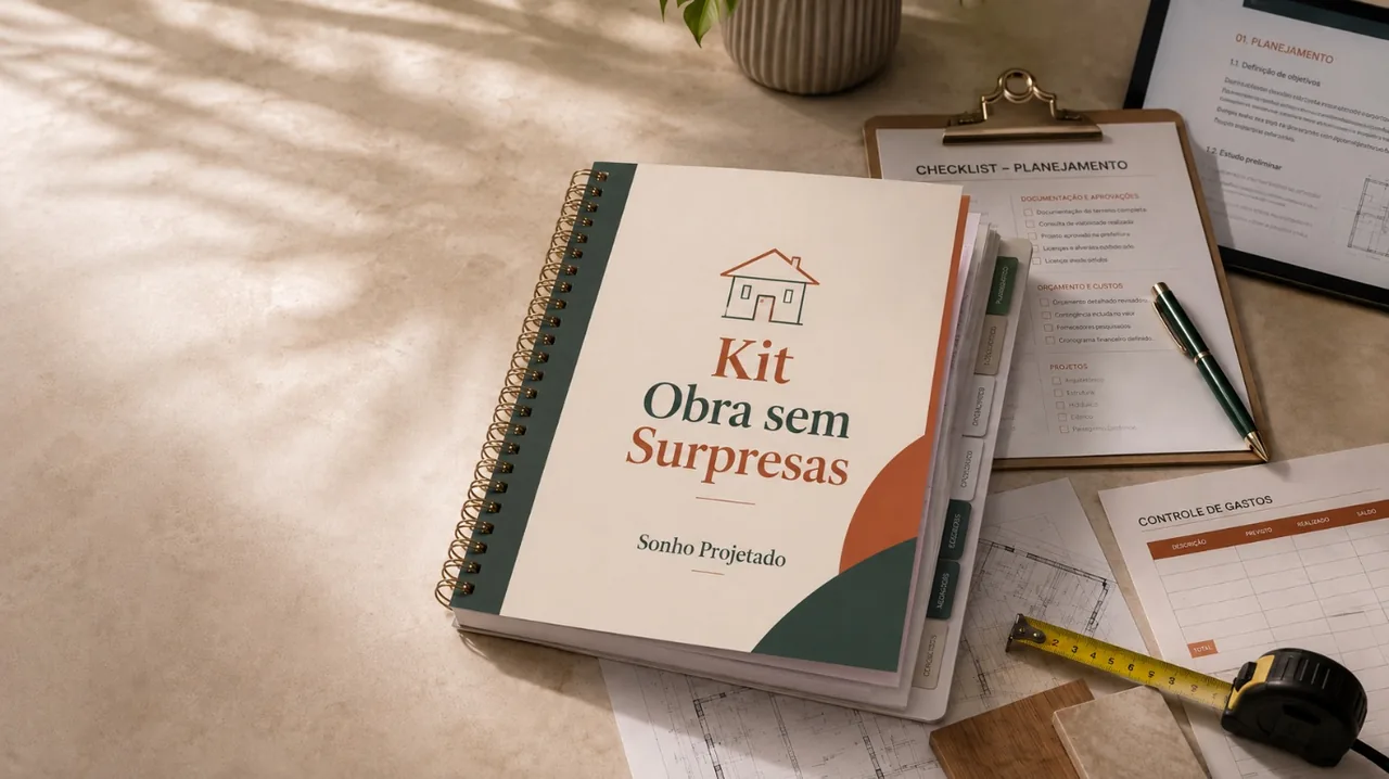 Kit Obra sem Surpresas com caderno, checklists, planilhas e materiais de planejamento
