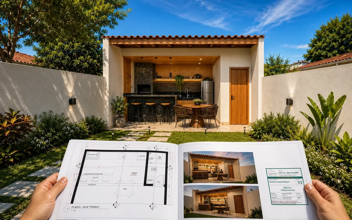 Edícula Gourmet construída com o projeto arquitetônico em primeiro plano