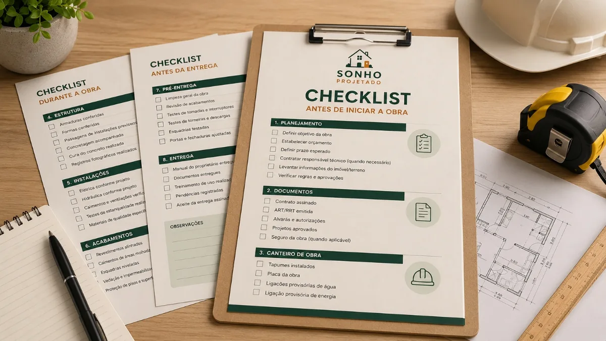 Checklists impressos do Kit Obra sem Surpresas organizados sobre uma mesa de projeto