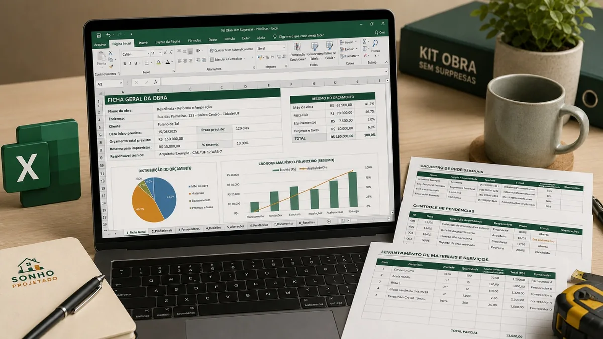 Planilha de controle do Kit Obra sem Surpresas aberta em um notebook